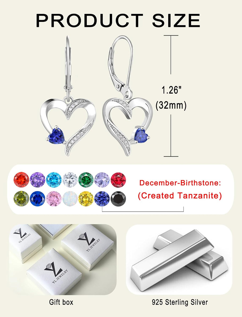 Heart Dangle Earrings 925 Sterling Silver Drop Earrings Birthstone Leverback Jewelry for Women