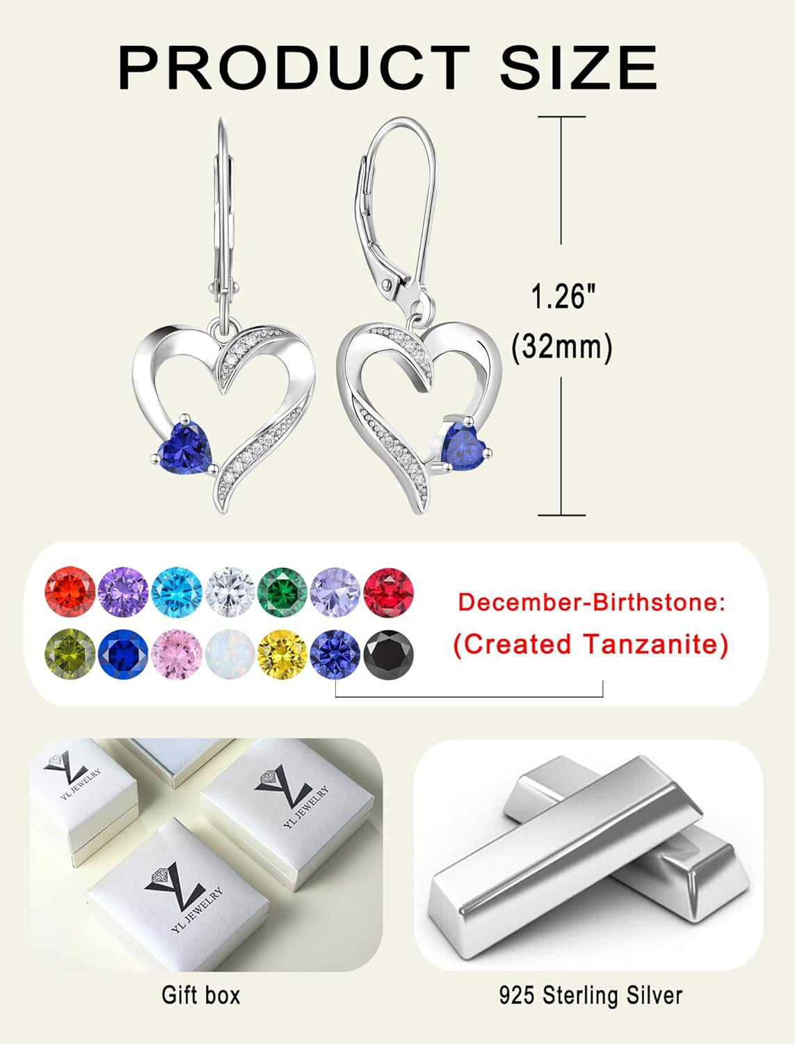 Heart Dangle Earrings 925 Sterling Silver Drop Earrings Birthstone Leverback Jewelry for Women